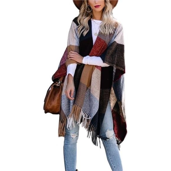 Women Boho Buffalo PlaidPoncho Pashmina Shawl WrapCape Sweater Knitting Cardigan - Picture 1 of 5